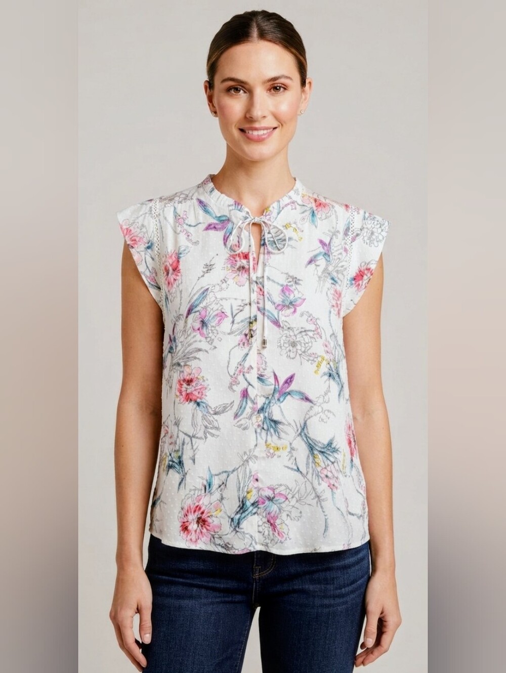 NWOT Buffalo David Bitton Floral Lace Trim Clip Dot Blouse Medium